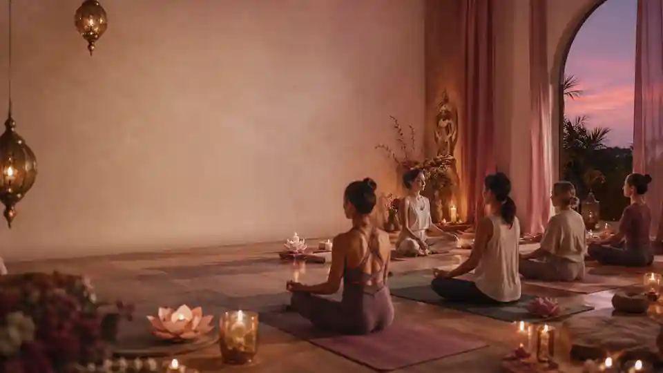 Abendliche Yoga-Veranstaltung mit Kerzen, Meditation und gemeinsamer Praxis